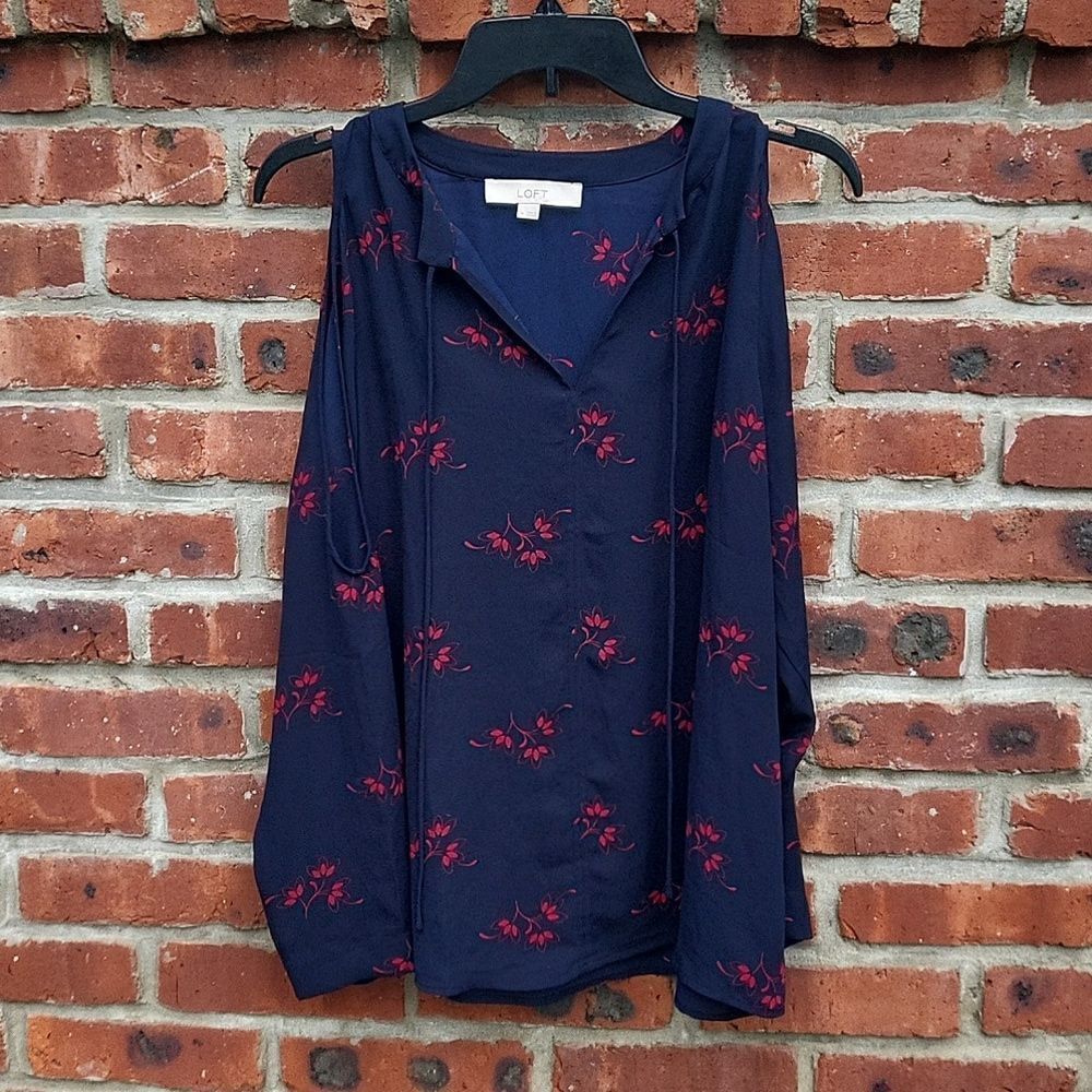 LOFT floral print cold shoulder. Long sleeve tie neck blouse